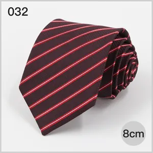 Burgundy business necktie with white red diagonal stripes 8cm width formal wear accessory.