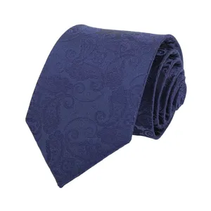 Dark blue men's business necktie with classic paisley pattern, perfect for professional wear.