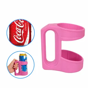 Portalatas de silicona rosa con asa, soporte portátil para bebidas en fiestas y uso.