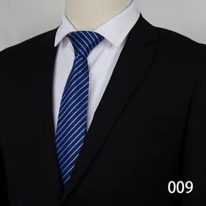 Men's 8cm formal blue business tie with black stripes, perfect detail view for wedding groomsmen.