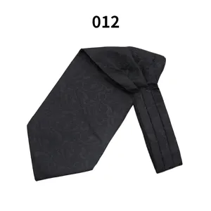 Close-up of black silk men cravat tie, classic paisley jacquard pattern, formal design.