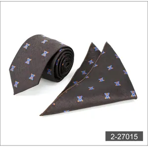 Detail shot of brown tie and pocket square set with blue koala pattern for men business.
