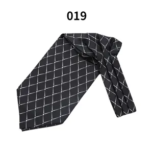 Black silk men formal ascot tie cravat with white geometric grid pattern business