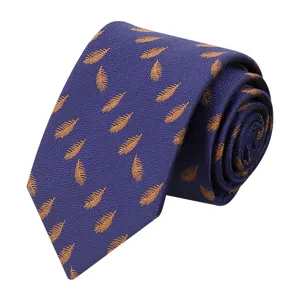 Men's business formal necktie in dark blue with elegant gold feather pattern design.