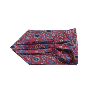 Men's red paisley ascot tie, classic silk-like British style cravat for business suits.