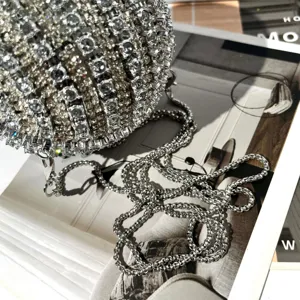 Silver rhinestone spherical evening bag with metal chain strap, luxury party clutch purse.