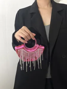 Rosa Acryl Mini Handtasche mit glitzernden Strassfransen fuer Damen Abendtasche.