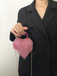 Sac de Soirée Strass Frange Cœur Rose Pochette Cristal Brillante de Luxe Sac à Main Femme