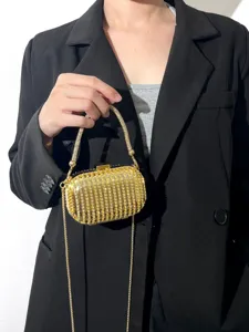 Goldene Strass Hartschalen Abendtasche Clutch mit Kette und Kristall Henkel für Damen.