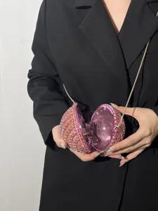 Crystal rhinestone ball evening clutch bag, sparkly pink minaudiere shoulder crossbody bag.