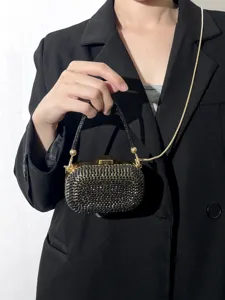 Modische schwarze Strass-Abendtasche mit goldener Kette, schicke Schultertasche Damen.