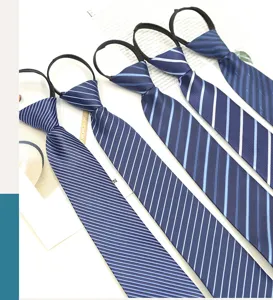 Men's business blue striped zipper tie, 8cm width pre-tied necktie for wedding and work.