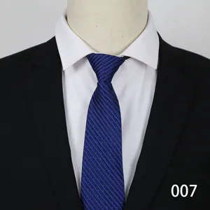 Business formal blue striped zipper tie detail, professional men's necktie presentation.