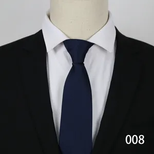 Detail view of a classic navy blue striped zipper necktie, professional business formal wear.