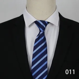 Detail view of the blue striped formal tie, showing clean fabric texture and classic pattern.