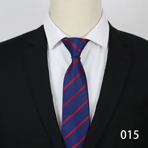 Close-up detail of the classic blue business tie with red diagonal stripes on mannequin.