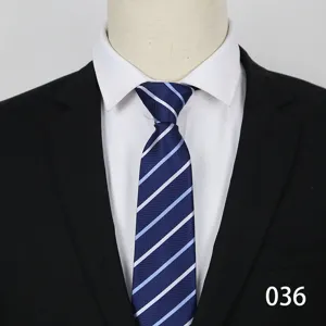 Detail view of the blue striped business necktie showing fabric texture and neat stripe pattern.