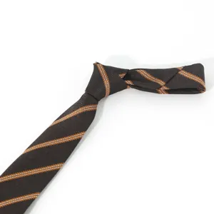 Close-up of men's brown formal business necktie with stylish orange and white diagonal stripes.