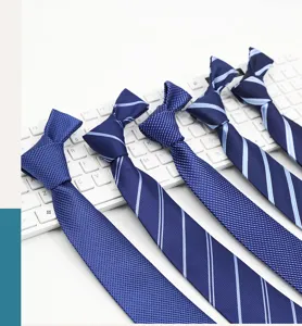 Detailed view of men's blue business formal neckties with stylish stripes and patterns.