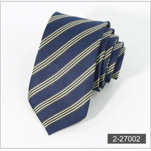 Detailed view of the elegant blue striped men necktie, showing fine fabric texture.