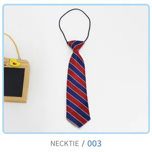 Children striped necktie detail shot, pre-tied zipper design, classic school uniform style.