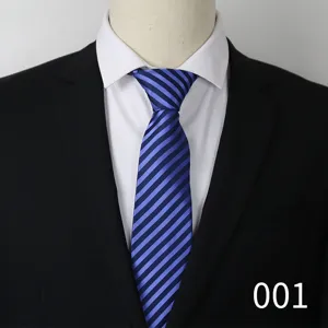 Men's blue striped tie detail view, classic business formal necktie fabric texture.