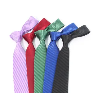 Details of men's business striped tie showing multiple colors like blue, red, and black.