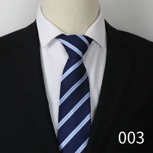 Classic men's blue striped tie with white shirt and black suit jacket detail display view.