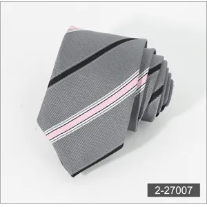 Detailed shot of a stylish men's gray necktie featuring classic black and pink diagonal stripes.