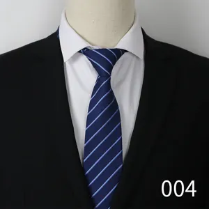 Detailed view of men's classic blue striped tie, 8cm professional business necktie closeup.