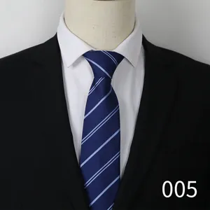 Men's business formal striped tie detail, classic blue with white diagonal stripes.