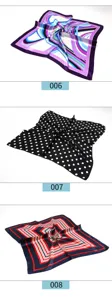 Detailed view of women's silk square scarves featuring abstract, polka dot, and stripe patterns.