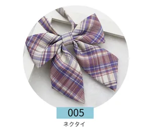 Japanese style JK uniform plaid bow tie, purple and white pre-tied neckwear accessory.