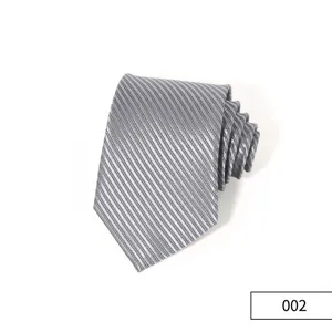 Grey striped men's necktie close-up shot, classic formal business accessory detail view showcase.