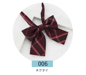 Burgundy plaid JK bow tie for women, stylish Japanese school style neckwear accessory.