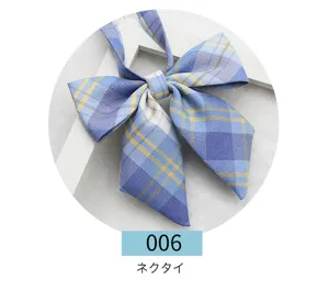 Blue plaid JK uniform bow tie detail shot, Japanese style pointed collar ribbon accessory.