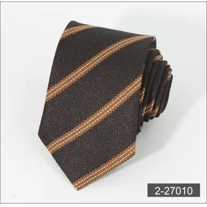 Classic brown business tie with orange white diagonal stripes, 7cm wide professional wear accessory.