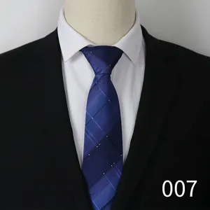 Men's blue plaid formal business necktie detail shot, 8cm wide professional suit accessory.