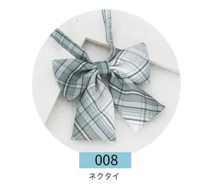 Japanese JK uniform plaid bow tie, blue and white grid flat bow with long ribbons.
