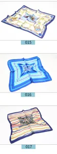 Detailed view of 60cm square silk scarf with assorted print patterns, elegant accessory.