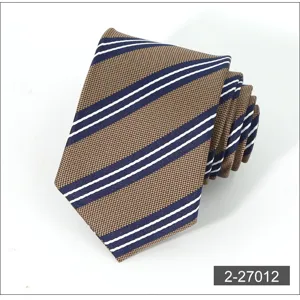 Detail view of a classic brown and navy blue striped men's formal business necktie.