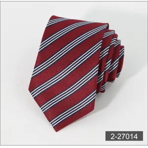 Classic men's business striped tie in elegant red with white blue details for formal office wear.