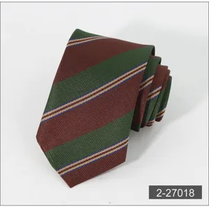 Close-up detail view of a folded brown and green striped men's business necktie accessory.