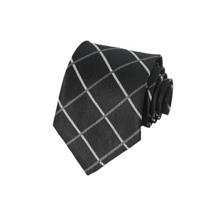 Classic black men's plaid necktie detail, perfect for business formal wear and weddings.