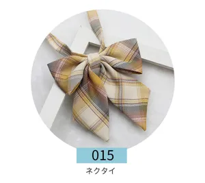 Plaid JK uniform bow tie detail, Japanese style pointed collar bowtie in yellow brown tartan.