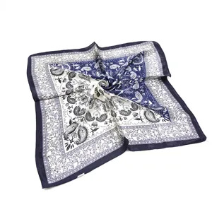 Classic blue paisley square silk scarf, elegant retro design women's fashion accessory.