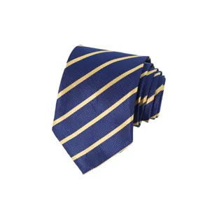 Classic blue men's tie with yellow stripes, ideal for business wear and wedding details.
