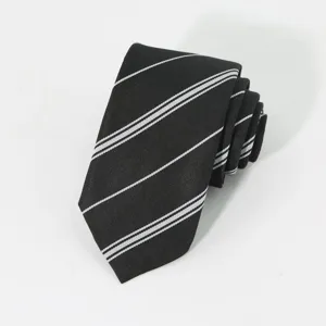 Detailed close-up view of the black and white striped formal business necktie fabric texture.