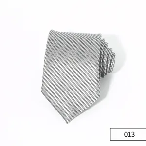 Closeup view of the silver grey striped necktie detail, elegant men formal business tie.