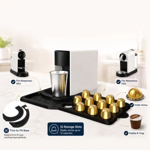 Silicone coffee machine mat with 12 capsule slots, trim-to-fit base for multi machine fit
